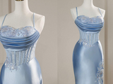 Elegant Mermaid Spaghetti Straps Blue Satin Beaded Pleated Long Prom Dresses Vestidos De Dia HZ0311