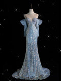Modest Off The Shoulder Beaded Party Gowns Elegant Ice Blue Sparkle Long Prom Dress HZ0311