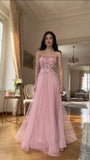 Modest A line Spaghetti Strap Pink With Applique Tulle Prom Dresses Graduation Dance Evening Outfits HZ0311