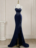 Elegant Mermaid Spaghetti Straps Blue Satin Beaded Pleated Long Prom Dresses Vestidos De Dia HZ0311