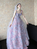 Princess Ball Gown Square Neck Lilac Lace Floral Long Prom Dress Fashion Aesthetic For Teens Formal Dresses Party Outfits Prom Gown HZ0311