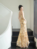 Glitter Mermaid Strapless Gold Sleeveless Prom Dresses Inspiration Long Night Outfits 18th Birthday Outfits HZ0311