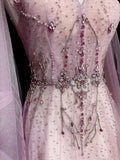 Vintage A line V Neck Pink With Long Sleeves Senior Prom dresses High School Formal Dress HZ0311