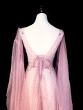 Vintage A line V Neck Pink With Long Sleeves Senior Prom dresses High School Formal Dress HZ0311