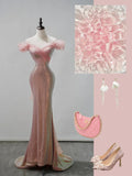 Sparkly Mermaid Off The Shoulder Pink Sequin Short Sleeves Long Prom Dresses Formal Gowns Evening Dress HZ0311