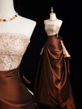 Modest Ball Gown Strapless Champagne Beaded Top Brown Skirt Long Evening Prom Dresses Long Evening Formal Dress HZ0311