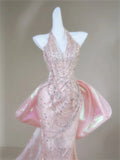 Classy Mermaid Halter Pink Sequin For Senior Teens Girls People Long Prom Dresses Formal Dress 20th Birthday Outfits HZ0311