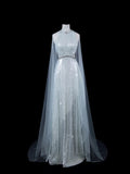 Elegnt A line High Neck Light Sky Blue Sequined Long Prom Dress Fashion Aesthetic High School Formal Dresses Party Outfits Gown HZ0311
