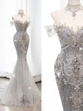 Fairytale Fantasy Art Wedding Dresses Mermaid Off The Shoulder White Sequin With Beaded Bodice Long Brides Dress Fitted Bridal Gowns HZ0311
