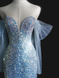 Beautiful Mermaid Off The Shoulder Light Sky Blue Sequin Long Prom Dresses Formal Gowns Inspo Evening Outfit HZ0311