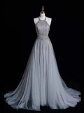 Chic A line Halter Silver Gray Sequins Senior Prom dresses High School Long Formal Dresses HZ0311