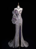 Princess Mermaid Sweetheart Grey Sequined With Slit Long Formal Evening Dress Gowns Prom Dresses HZ0311