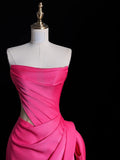 Simple Mermaid Strapless Pink Satin Pleated With Satin Long Prom Dresses Formal Gowns HZ0311