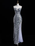 Chic Mermaid Spaghetti Strap Silver Gray Sequins Senior Prom dresses High School Long Formal Dresses HZ0311
