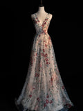 Elegant A line V Neck Floral Tulle Long Prom Dresses For Teens Evening Outfits Formal Dress HZ0311