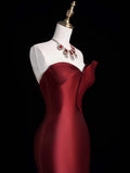 Princess Mermaid Sweetheart Burgundy Tulle Pleated Ruffles Satin Long Formal Evening Dress Gowns Prom Dresses HZ0311