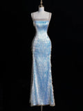 Glittering Mermaid Spaghetti Strap Blue Long Prom Dresses Inspo 18th Birthday Outfits Formal Dress HZ0311