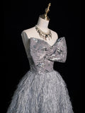 Princess Ball Gown Sweetheart Grey With Bow Feathers Tulle Long Formal Evening Dress Gowns Formal Prom Dresses HZ0311