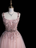 Elegant Ball Gown Square Neck Pink Tulle Long Prom Dresses For Teens Evening Outfits Formal Dress HZ0311