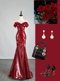 Gorgeous Burgundy Off The shoulder Mermaid Sequin With Short Sleeves Formal Evening Dress Gowns Prom Dresses HZ0311
