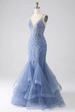 Grey Blue Mermaid Spaghetti Strap Beaded Backless Prom Dress With Appliques HZ0311