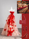 Cute Ball Gown Strapless Red Floral Sleeveless With Applique Pink Tulle Long Quinceanera Dresses Sweet 15 16 Birthday Outfit HZ0311