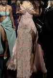 Elegant Mermaid Spaghetti Straps Pink Sleeveless Lace Slit Long Tulle Prom Dresses Vestidos De Dia HZ0311