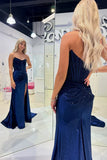 Elegant Mermaid Strapless Navy Blue With Beads Slit Long Formal Prom Evening Dress Dinner Outfits Party Gowns HZ0311