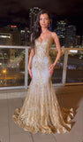 Classy Mermaid Spaghetti Straps Gold Sequin Inspo For Black Women Girls Formal Party Gowns Long Prom Dresses HZ0311