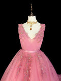 Modest Ball Gown V Neck Pink Tulle Long Prom Dresses Inspiration Party Gowns Princess Formal Dress HZ0311
