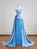 Luxurious Mermaid Strapless Blue Satin With Sequins Prom Dresses Long Evening Formal Birthday Party Gowns HZ0311