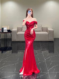 Modest Mermaid Off The Shoulder Wine Red Sequin With Ruffles Slit Long Prom Dresses Night Formal Dresses HZ0311