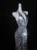 Glittery Mermaid Halter Grey Sequins Long Prom Dresses Evening Outfits Formal Dress HZ0311