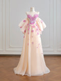 Princess Ball Gown Strapless Champagne Tulle With Lace Long Prom Dresses Inspiration Party Gowns HZ0311
