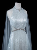 Elegnt A line High Neck Light Sky Blue Sequined Long Prom Dress Fashion Aesthetic High School Formal Dresses Party Outfits Gown HZ0311