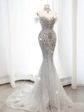 Fairytale Fantasy Art Wedding Dresses Mermaid Off The Shoulder White Sequin With Beaded Bodice Long Brides Dress Fitted Bridal Gowns HZ0311