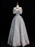 Princess Ball Gown Sweetheart Grey With Bow Feathers Tulle Long Formal Evening Dress Gowns Formal Prom Dresses HZ0311