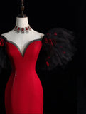 Elegant Mermaid Off The Shoulder Red Satin With Sleeves Floor Length Inspiration Long Prom Dresses HZ0311