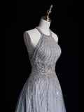 Chic A line Halter Silver Gray Sequins Senior Prom dresses High School Long Formal Dresses HZ0311