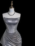 Whimsical Mermaid Strapless Silver Gray Sequin Pleated Bodice Long Prom Dresses Night Formal Dress HZ0311