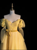 Modest Ball Gown Off The Shoulder Yellow Tulle College Formal Sweet 16 Outfit Long Sleeves Prom Dresses For Teens HZ0311