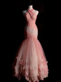 Classy Mermaid Halter Tulle Pink College Formal Outfit Long Prom Dress Graduation Dresses HZ0311