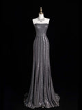 Sparkly Mermaid Strapless Silver Grey Sequins Senior Prom Dresses High School Long Formal Dress HZ0311
