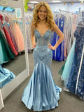 Dream Mermaid Spaghetti Straps Dark Green Sequin Blue Appliqued Long Prom Dresses Inspiration Party Dress Prom Gown HZ0311