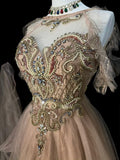 Modest A line Jewel Champagne Tulle With Beaded Bodice College Formal Outfit Long Prom Graduation Dresses For Teens HZ0311