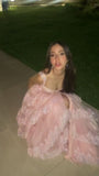 Elegant Ball Gown Sweetheart With Lace Strap Blush Pink Long Pleated Ruffles Slit Prom Dresses Vestidos De Dia HZ0311