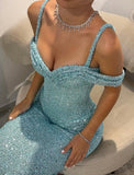 Blue Tulle Party Dress Off the Shoulder Sleeveless Prom Dresses Floor-length Side High Split Online HZ0311