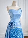 Luxurious Mermaid Strapless Blue Satin With Sequins Prom Dresses Long Evening Formal Birthday Party Gowns HZ0311