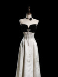 Modest A Line Strapless Floral Satin Long Evening Prom Dresses Floor Length Evening Formal Dress HZ0311