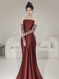 Modest Mermaid Strapless Satin With Gloves For Women Party Dress Long Formal Prom Dresses 22th Birthday Outfits HZ0311